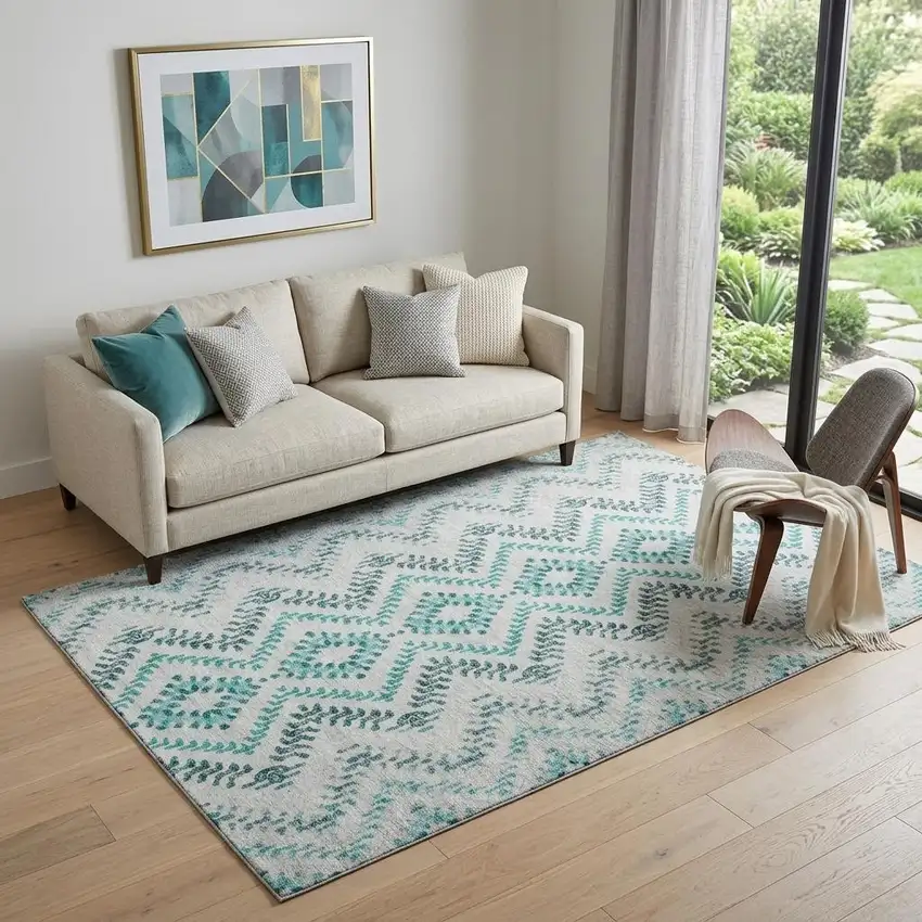 Teal And Ivory Geometric Washable Area Rug With UV Protection Photo 1