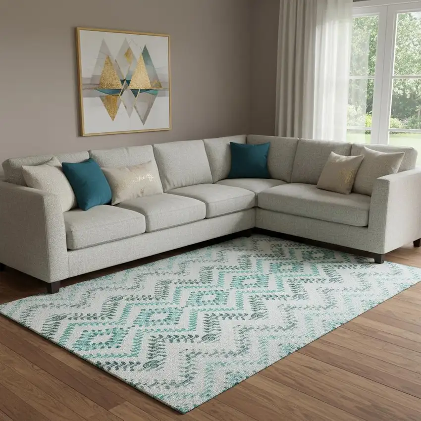 Teal And Ivory Geometric Washable Area Rug With UV Protection Photo 1