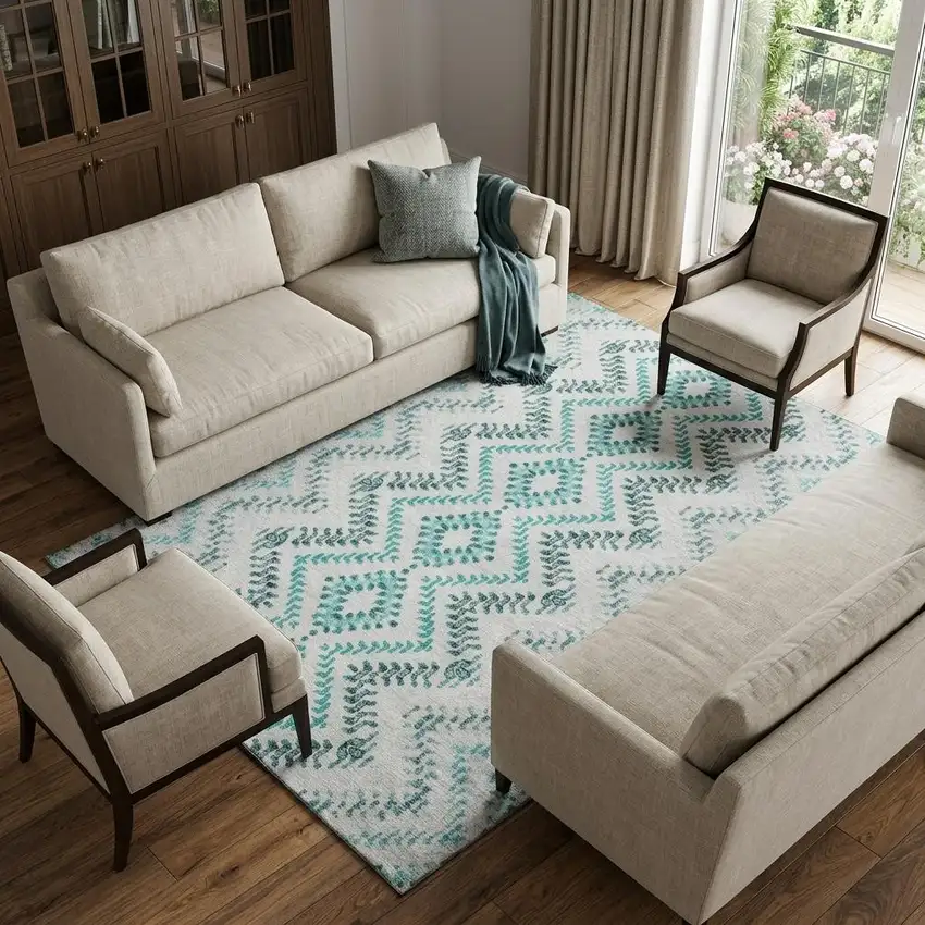 Teal And Ivory Geometric Washable Area Rug With UV Protection Photo 1