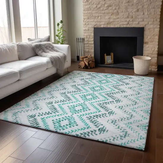 Teal And Ivory Geometric Washable Area Rug With UV Protection Photo 4