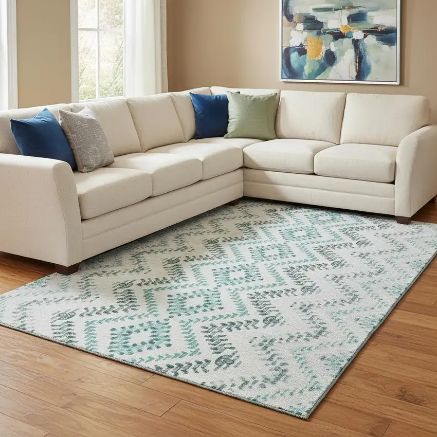Teal And Ivory Geometric Washable Area Rug With UV Protection Photo 1