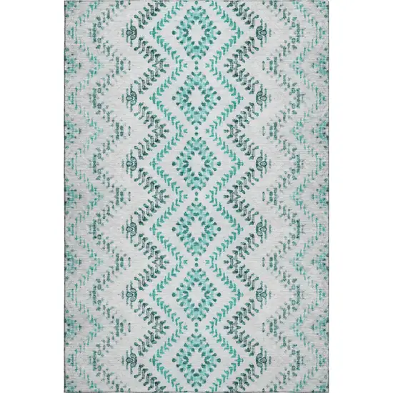 Teal And Ivory Geometric Washable Area Rug With UV Protection Photo 2