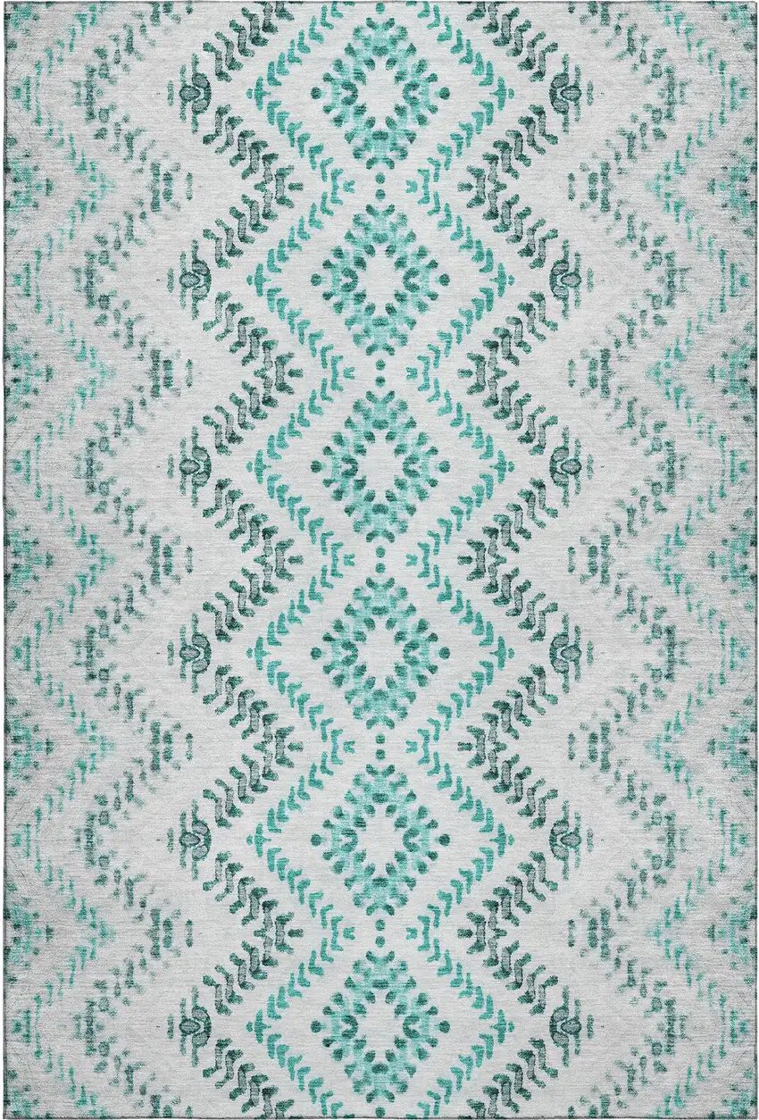 Teal And Ivory Geometric Washable Area Rug With UV Protection Photo 2