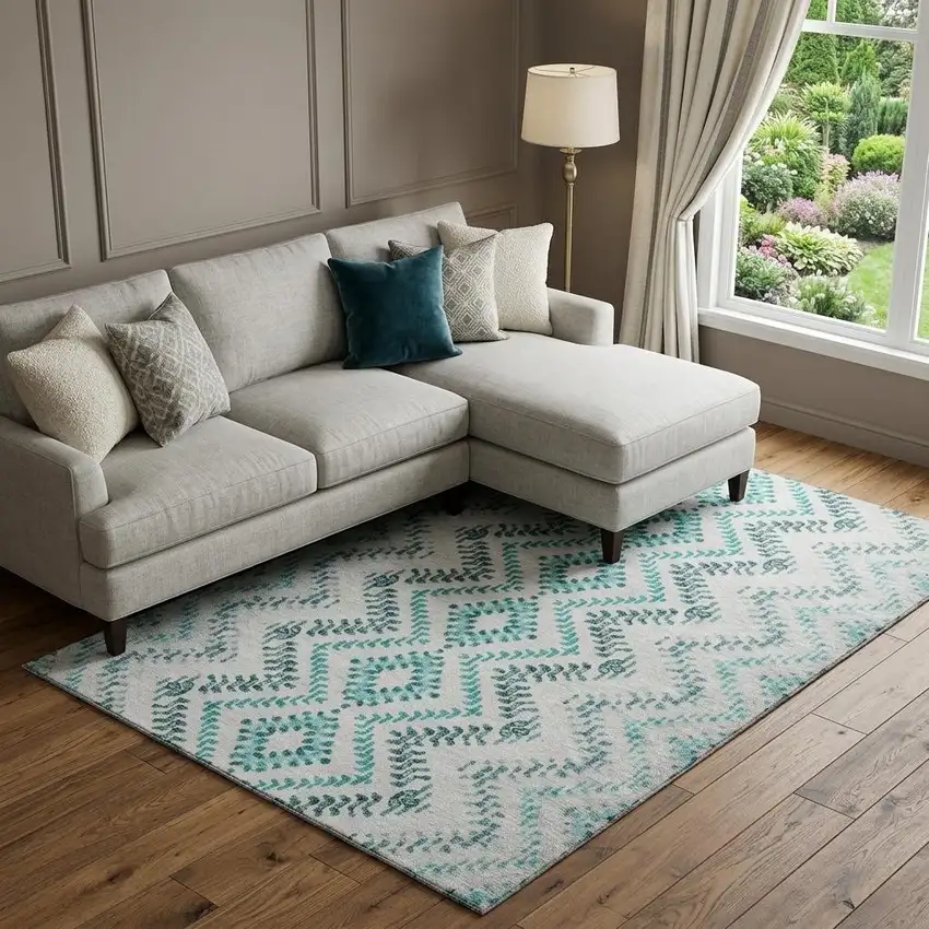 Teal And Ivory Geometric Washable Area Rug With UV Protection Photo 1