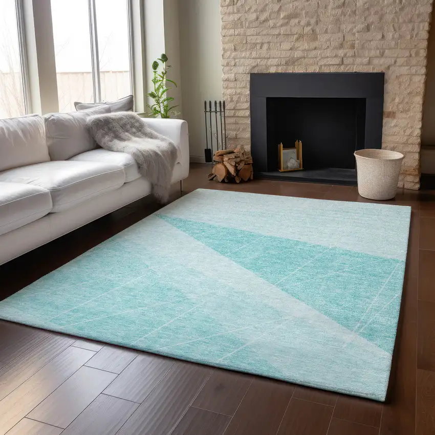 Teal And Ivory Geometric Washable Area Rug With UV Protection Photo 5