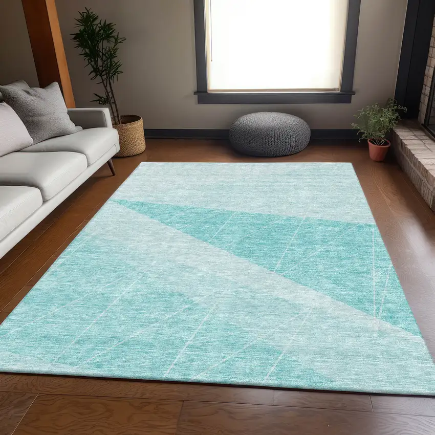 Teal And Ivory Geometric Washable Area Rug With UV Protection Photo 4