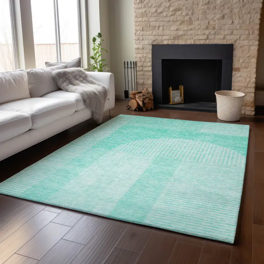 Teal And Ivory Geometric Washable Area Rug With UV Protection Photo 5