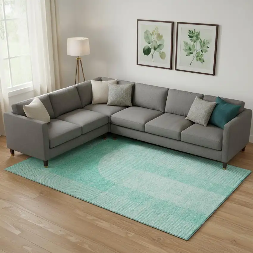 Teal And Ivory Geometric Washable Area Rug With UV Protection Photo 1