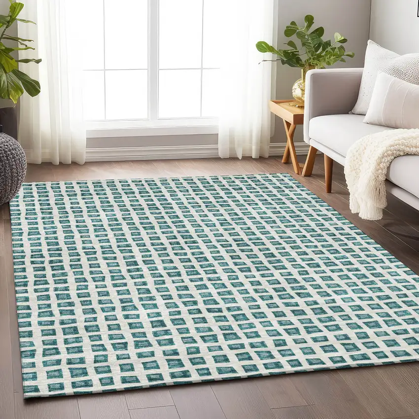 Teal And Ivory Geometric Washable Area Rug With UV Protection Photo 5