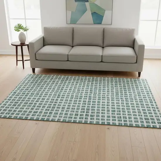 Teal And Ivory Geometric Washable Area Rug With UV Protection Photo 2