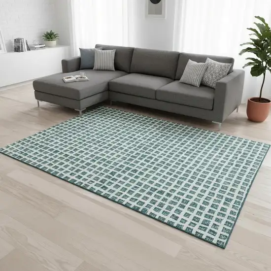 Teal And Ivory Geometric Washable Area Rug With UV Protection Photo 2