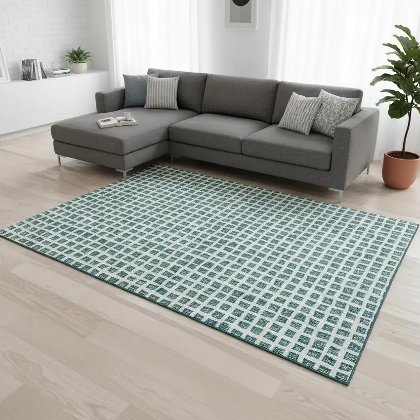 Teal And Ivory Geometric Washable Area Rug With UV Protection Photo 2