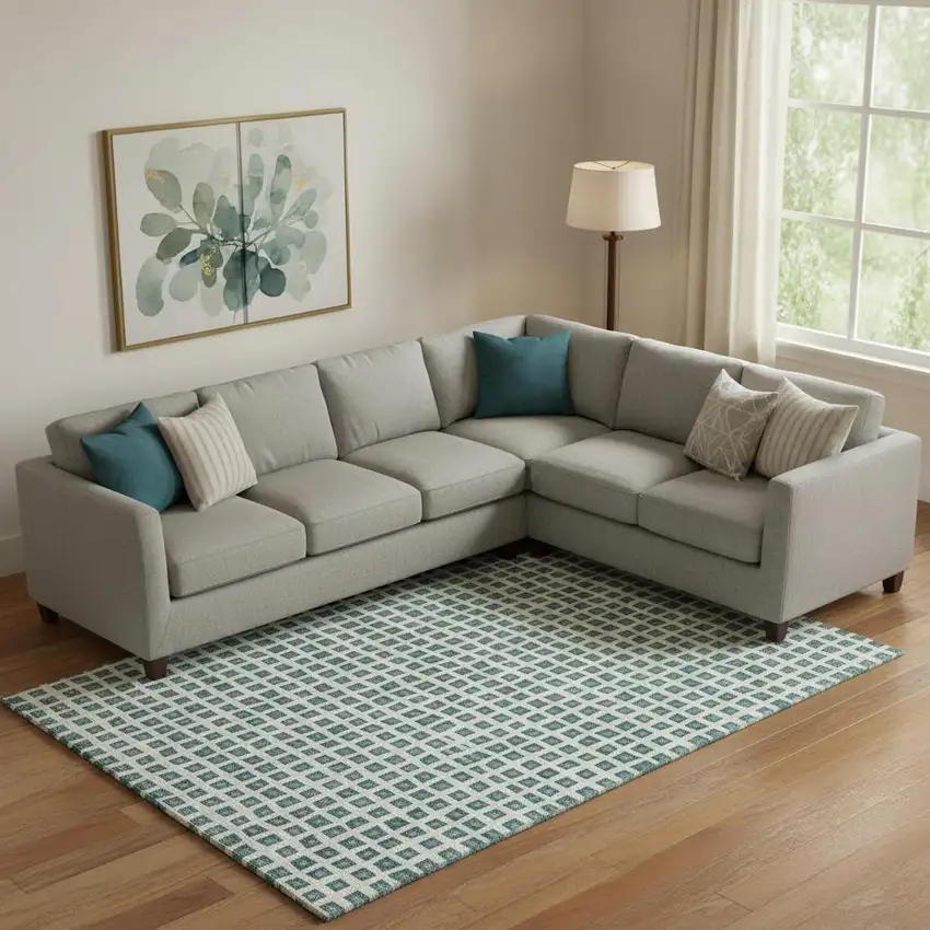 Teal And Ivory Geometric Washable Area Rug With UV Protection Photo 1