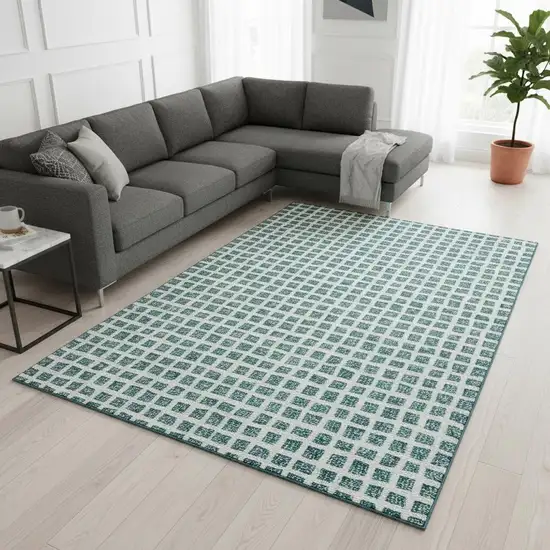 Teal And Ivory Geometric Washable Area Rug With UV Protection Photo 2