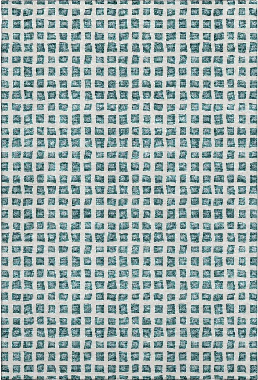Teal And Ivory Geometric Washable Area Rug With UV Protection Photo 1