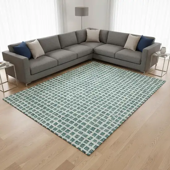 Teal And Ivory Geometric Washable Area Rug With UV Protection Photo 2