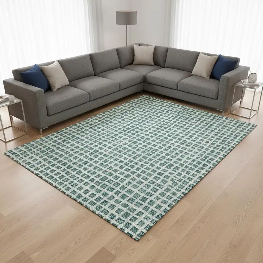 Teal And Ivory Geometric Washable Area Rug With UV Protection Photo 2