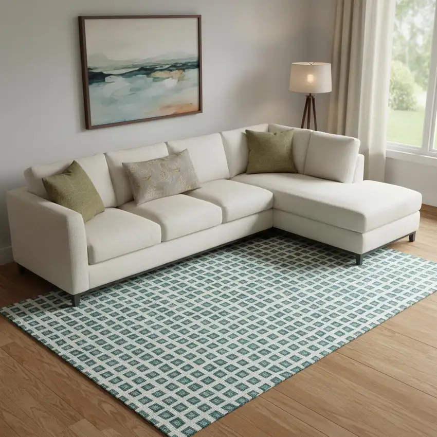 Teal And Ivory Geometric Washable Area Rug With UV Protection Photo 1