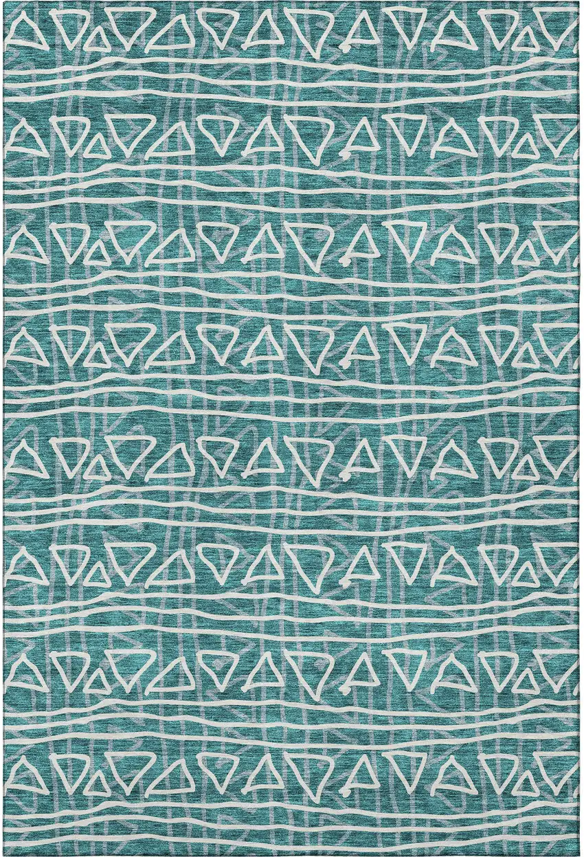 Teal And Ivory Geometric Washable Area Rug With UV Protection Photo 4