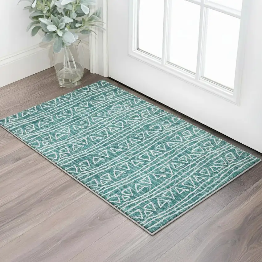 Teal And Ivory Geometric Washable Area Rug With UV Protection Photo 2