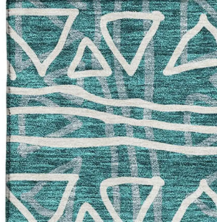 Teal And Ivory Geometric Washable Area Rug With UV Protection Photo 3
