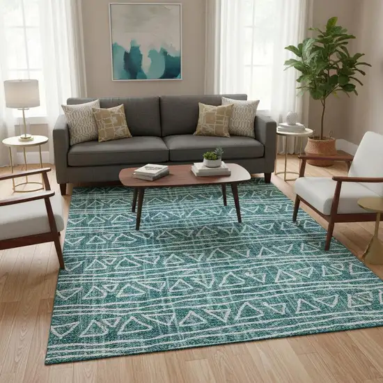Teal And Ivory Geometric Washable Area Rug With UV Protection Photo 2