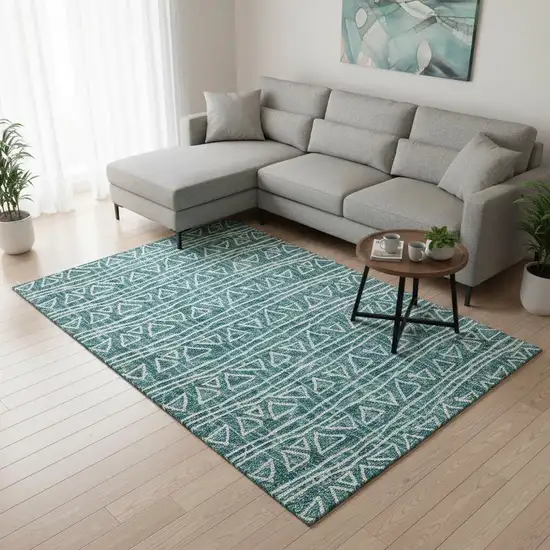 Teal And Ivory Geometric Washable Area Rug With UV Protection Photo 2