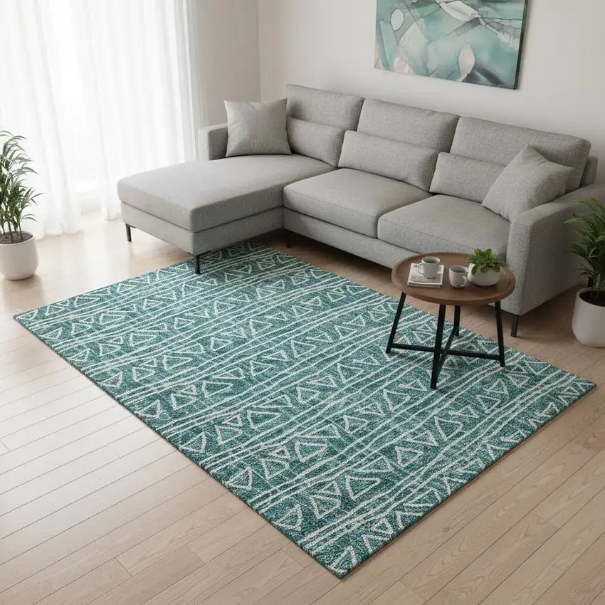 Teal And Ivory Geometric Washable Area Rug With UV Protection Photo 2