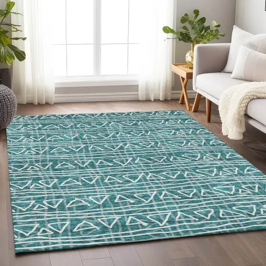 Teal And Ivory Geometric Washable Area Rug With UV Protection Photo 5