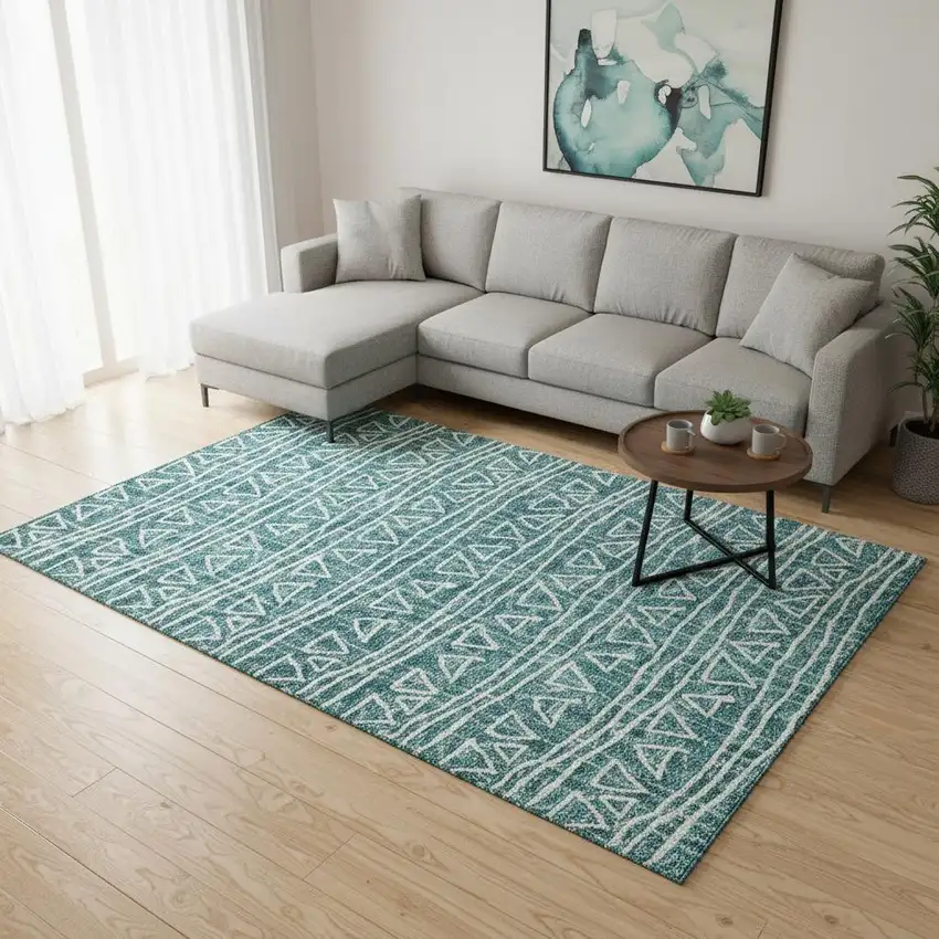 Teal And Ivory Geometric Washable Area Rug With UV Protection Photo 2