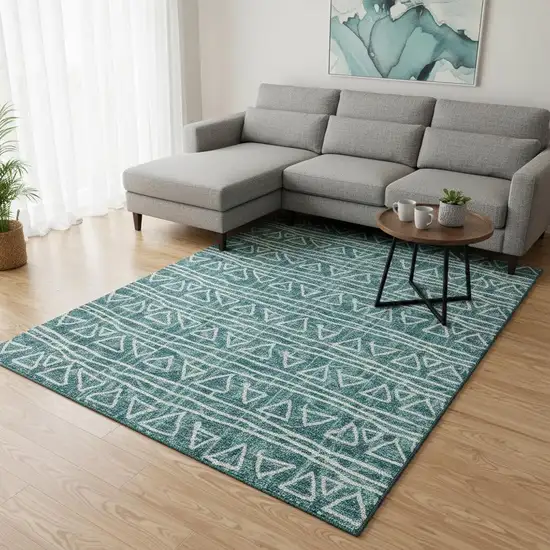Teal And Ivory Geometric Washable Area Rug With UV Protection Photo 2