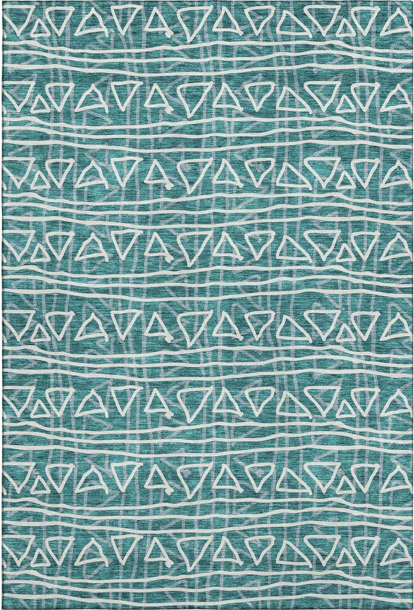Teal And Ivory Geometric Washable Area Rug With UV Protection Photo 1