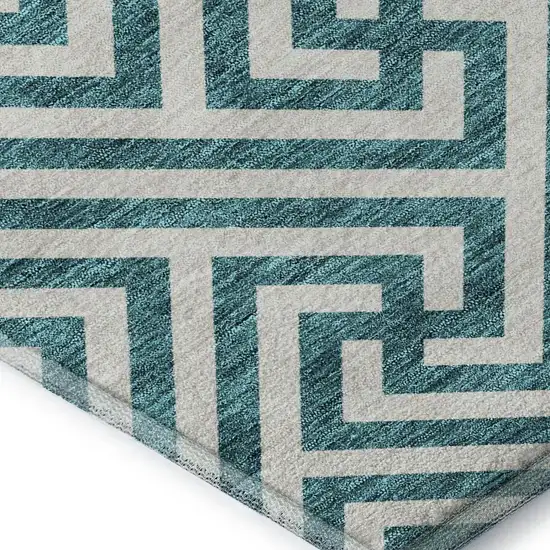 Teal And Ivory Geometric Washable Area Rug With UV Protection Photo 4