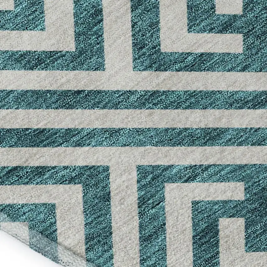 Teal And Ivory Geometric Washable Area Rug With UV Protection Photo 3
