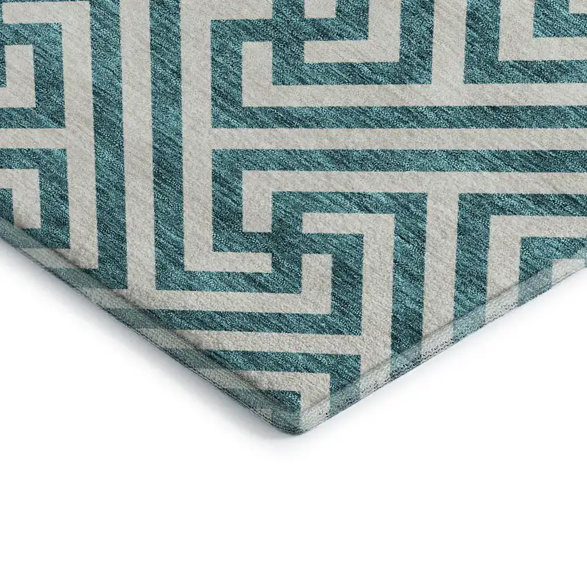 Teal And Ivory Geometric Washable Area Rug With UV Protection Photo 3