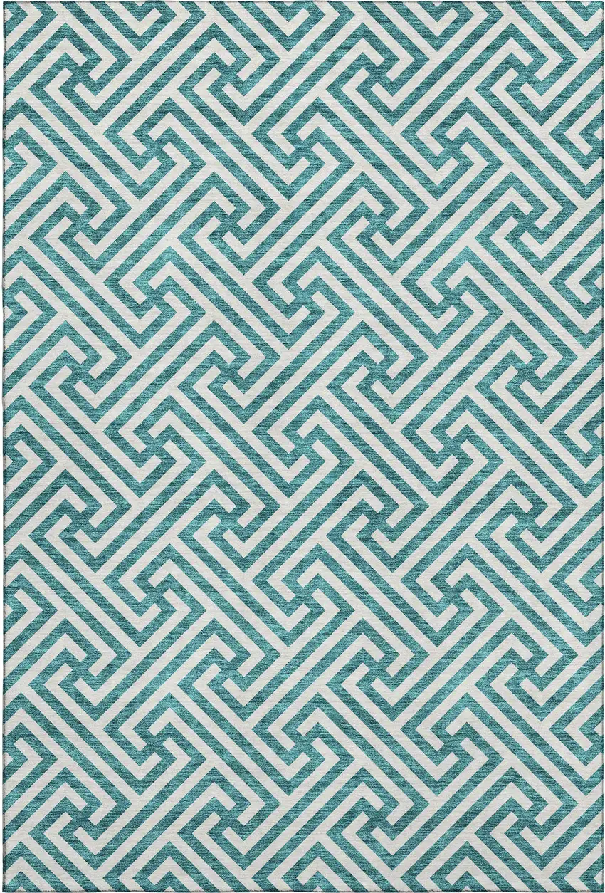 Teal And Ivory Geometric Washable Area Rug With UV Protection Photo 6