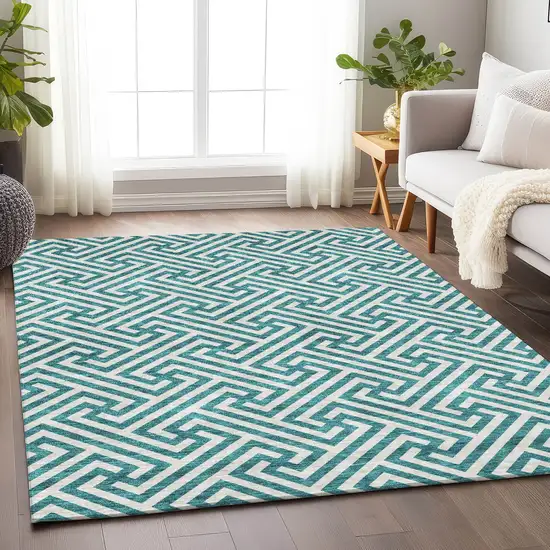 Teal And Ivory Geometric Washable Area Rug With UV Protection Photo 4