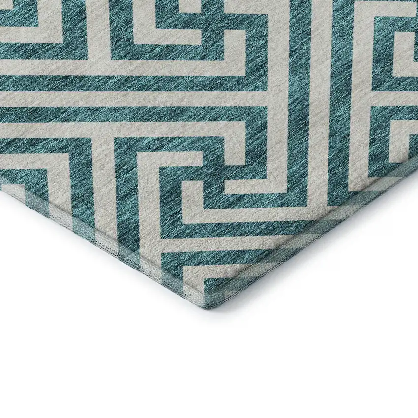 Teal And Ivory Geometric Washable Area Rug With UV Protection Photo 1