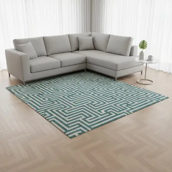 Teal And Ivory Geometric Washable Area Rug With UV Protection Photo 2