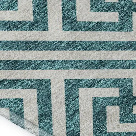 Teal And Ivory Geometric Washable Area Rug With UV Protection Photo 3