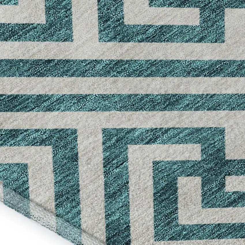 Teal And Ivory Geometric Washable Area Rug With UV Protection Photo 3