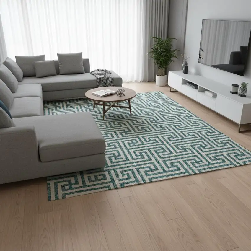 Teal And Ivory Geometric Washable Area Rug With UV Protection Photo 2