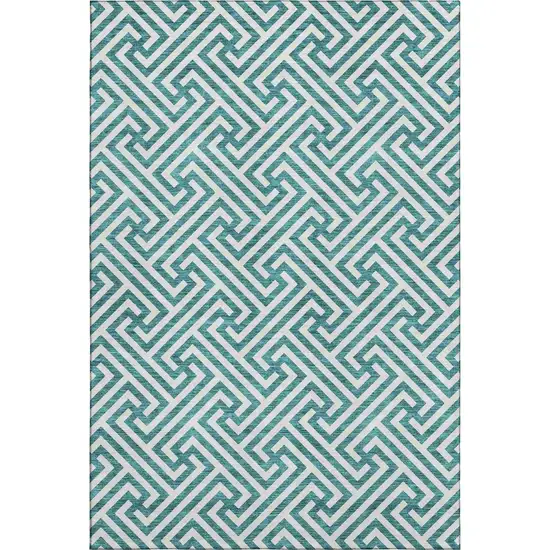 Teal And Ivory Geometric Washable Area Rug With UV Protection Photo 7