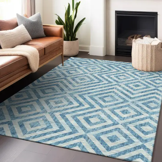 Teal And Ivory Geometric Washable Area Rug With UV Protection Photo 6