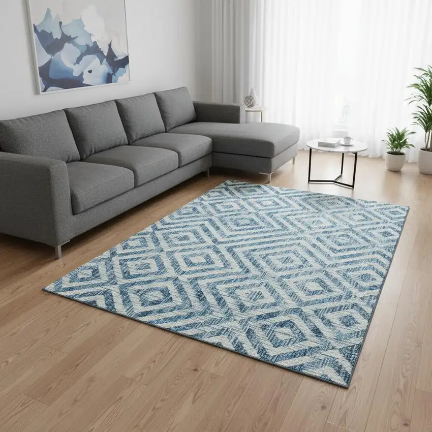 Teal And Ivory Geometric Washable Area Rug With UV Protection Photo 2