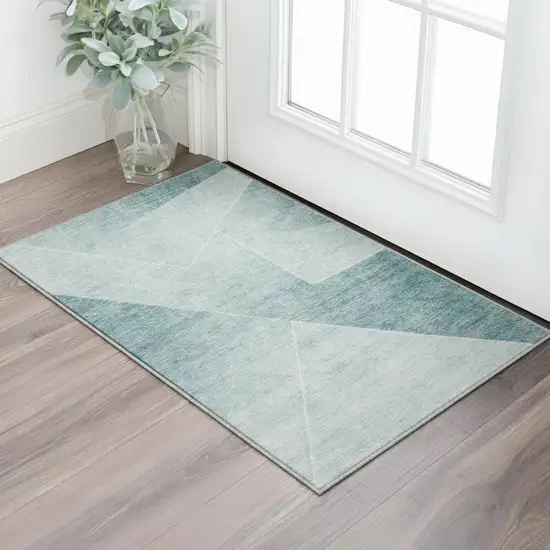 Teal And Ivory Geometric Washable Area Rug With UV Protection Photo 2