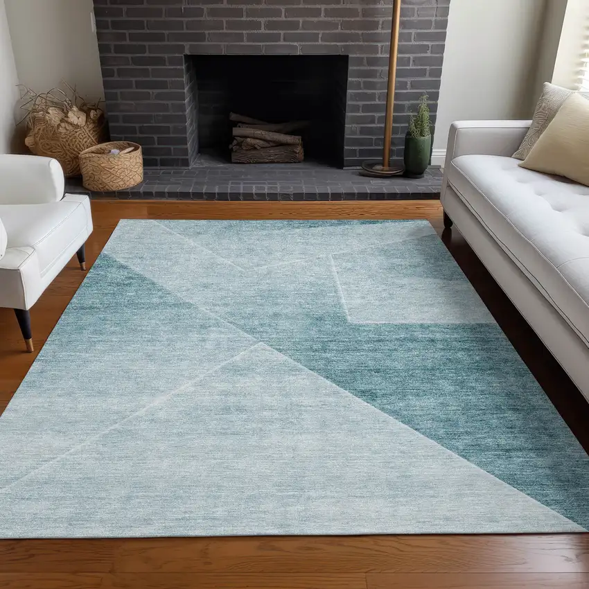 Teal And Ivory Geometric Washable Area Rug With UV Protection Photo 4