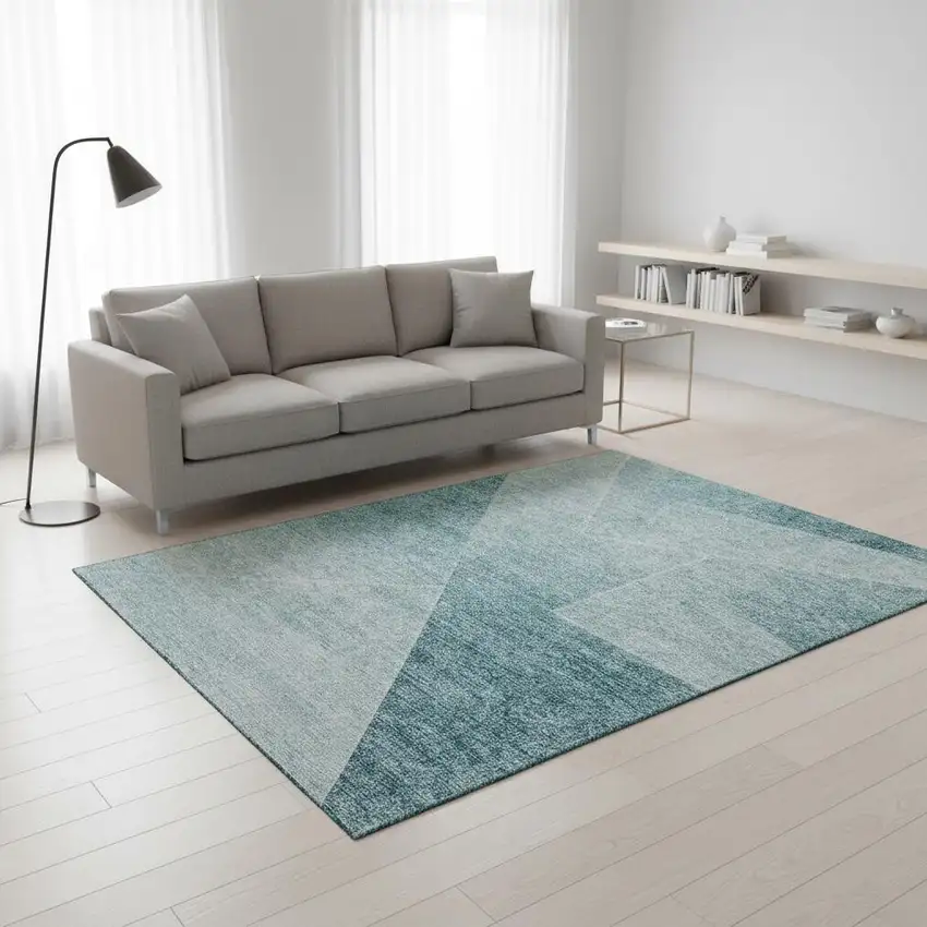 Teal And Ivory Geometric Washable Area Rug With UV Protection Photo 2