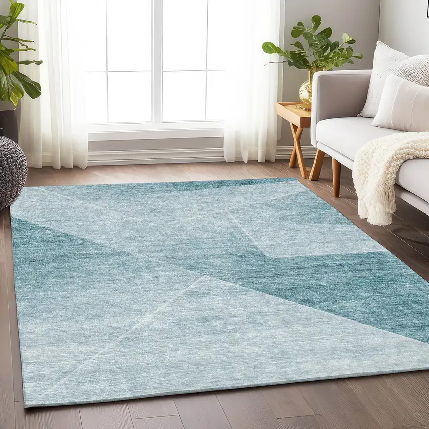 Teal And Ivory Geometric Washable Area Rug With UV Protection Photo 5