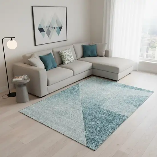 Teal And Ivory Geometric Washable Area Rug With UV Protection Photo 2